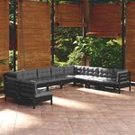 vidaXL Salon de jardin 10 Pièces avec coussins Noir Bois de pin solide