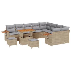 Ensemble de Canapés de Jardin de 12 Pièces avec Coussins Beige Rattan Poly Acacia