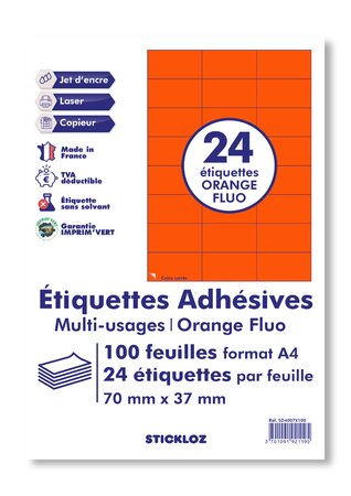 100 planches a4 - 24 étiquettes 70 mm x 37 mm autocollantes fluo orange par planche pour tous types imprimantes - jet d'encre/laser/photocopieuse fba amazon