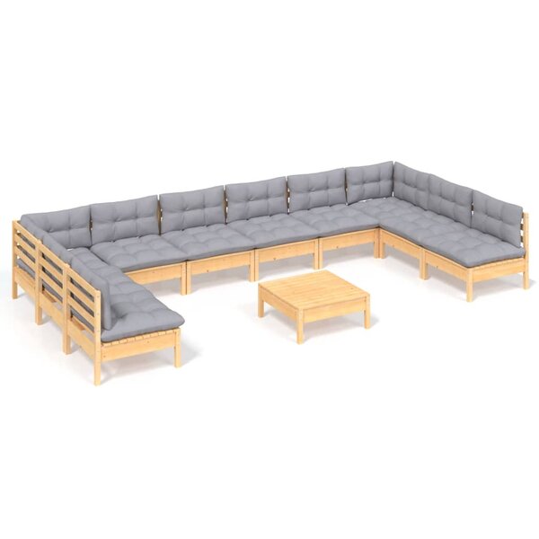 vidaXL Salon de jardin 11 Pièces avec coussins gris Bois de pin solide