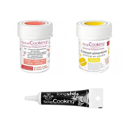 2 colorants alimentaires corail-jaune + Stylo glaçage noir