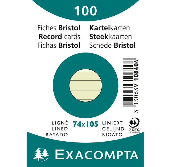 Paquet de 100 Fiches Bristol A7 vert ligné s/s film EXACOMPTA