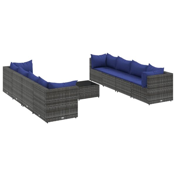 vidaXL Salon de jardin 9 Pièces avec coussins Gris Résine tressée
