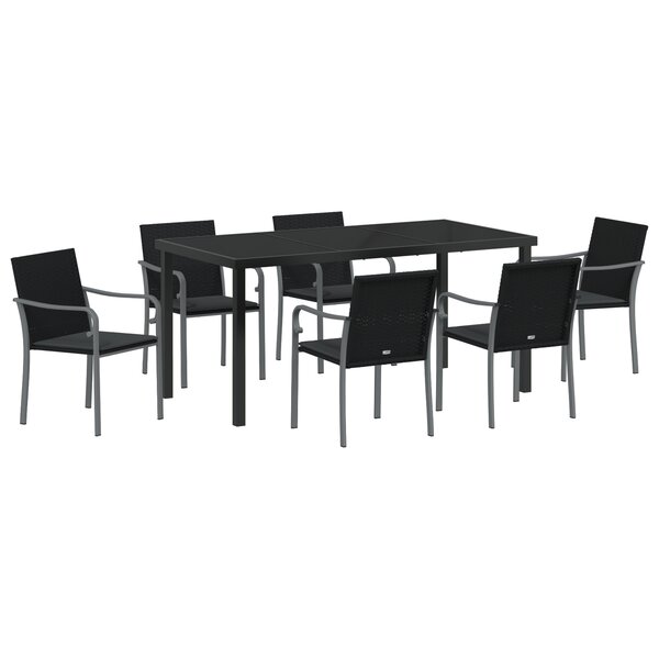 vidaXL Ensemble de dining de jardin   7 pièces avec coussins en rotin poly noir.