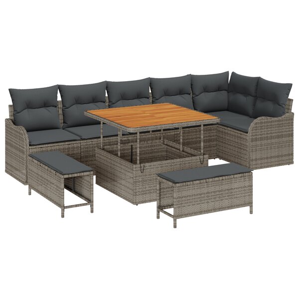 Ensemble de Canapés de Jardin 9 pièces avec Coussins Gris Poly Rattan Acacia