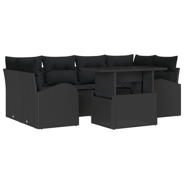 vidaXL Canapé de jardin 7 pièces avec coussins en poly rotin noir