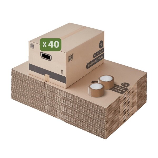 Pack and Move - Lot 40 cartons déménagement M - 60 x 40 x 30 cm - Poignées renforcées - 2 adhésifs offerts