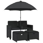 vidaXL Canapé de jardin 2 places avec parasol et tabourets noir rotin