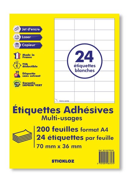 200 planches a4 - 24 étiquettes 70 mm x 36 mm autocollantes blanche par planche pour tous types imprimantes - jet d'encre/laser/photocopieuse