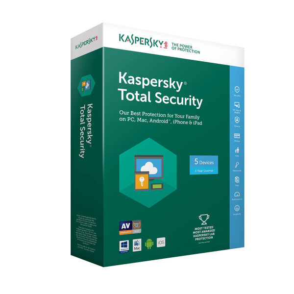 Kaspersky kaspersky total security 2018 - licence 5 postes 1 an - suite de sécurité internet - licence 1 an 5 postes (français  windows  mac  android  iphone et ipad)