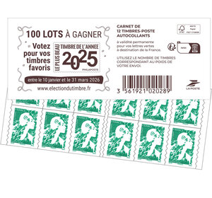 Carnet 12 timbres Marianne de l'avenir - Lettre Verte - Election du timbre de l'année 2025