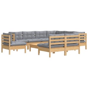 Salon de jardin meuble d'extérieur ensemble de mobilier 10 pièces avec coussins gris bois de pin solide 02_0015034