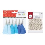 6 pompons bleus + Ficelle dorée & blanche 15 m