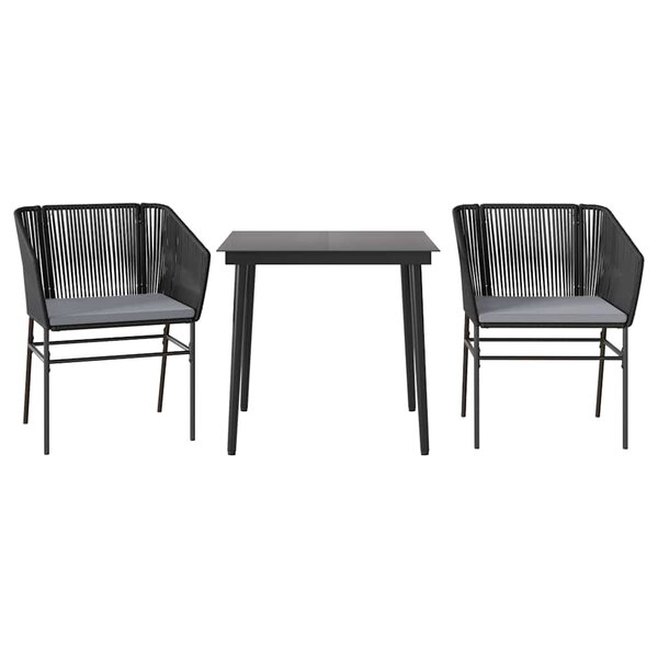 vidaXL Ensemble à manger de jardin et coussins 3 Pièces noir rotin verre