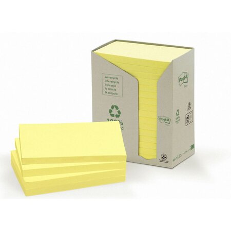 Tour distributrice de blocs de 100 feuilles de Notes repositionnables recyclées - Jaune, 76 x 127 mm (paquet 16 blocs)