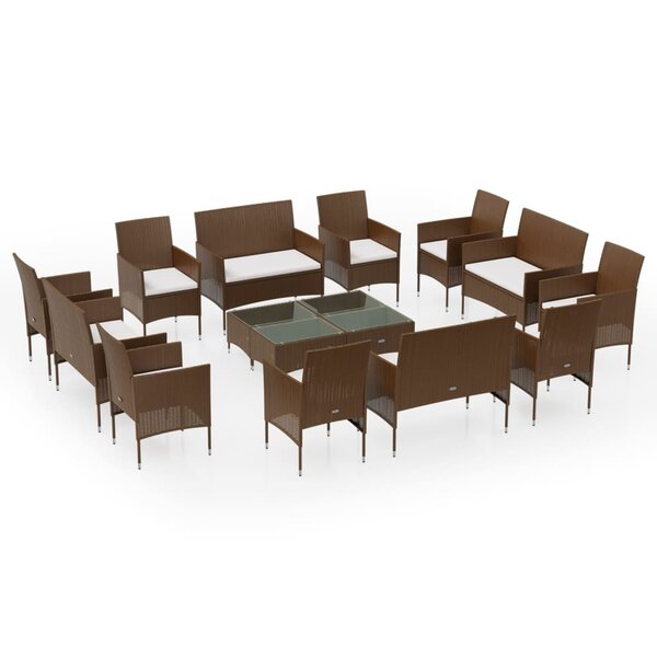 vidaXL Salon de jardin 16 Pièces avec coussins Résine tressée Marron
