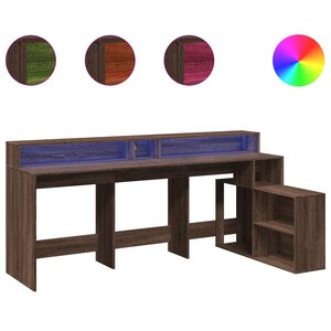 Bureau table poste de travail meuble d'ordinateur informatique étude et lumières LED chêne bois d'ingénierie brun 02_0023791