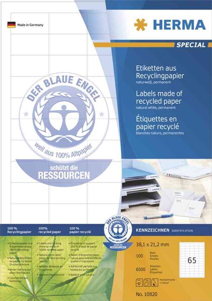 Paquet de 2400 etiquettes universelles recycling, 70 x 36 mm blanc herma
