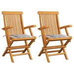 vidaXL Chaises de jardin lot de 2 avec coussins à carreaux gris Teck