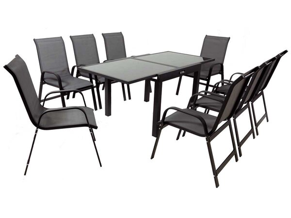 Salon de Jardin extensible luxe 90/180 "Porto 8" - Phoenix - Noir/Gris foncé - 1 Table 90/180 + 8 Fauteuils