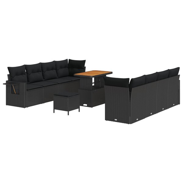 vidaXL Canapé de jardin 11 pièces avec coussins en rattan poly noir et acacia