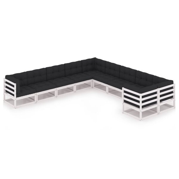 vidaXL Salon de jardin 10 Pièces avec coussins Blanc Bois de pin massif