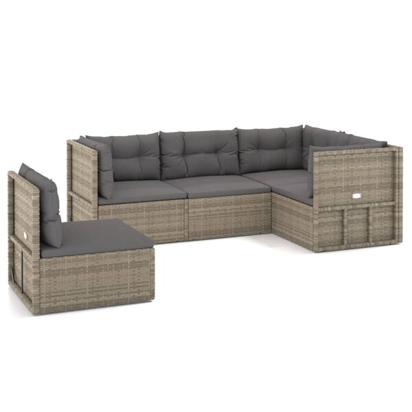 vidaXL Salon de jardin 5 Pièces avec coussins Gris Résine tressée