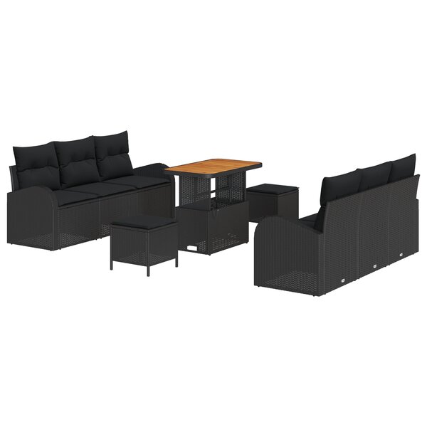 Canapé de Jardin 9 Pièces avec Coussins Noir Poly Rotin Acacia