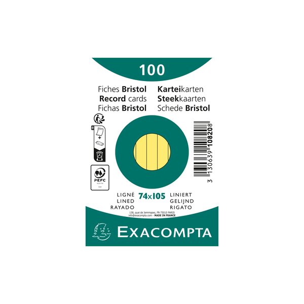 Paquet 100 Fiches Sous Film - Bristol Ligné Non Perforé 74x105mm - Jaune - X 40 - Exacompta