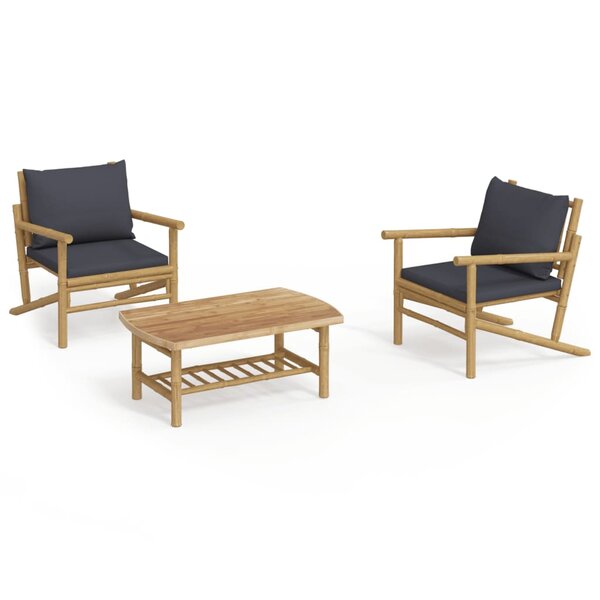 vidaXL Salon de jardin 3 Pièces avec coussins gris foncé bambou