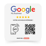 Plaque Google Avis Reviews - QR Code NFC RFID sans contact - Adhésive Vitrine Comptoir Table - 12x12cm - GG12FR