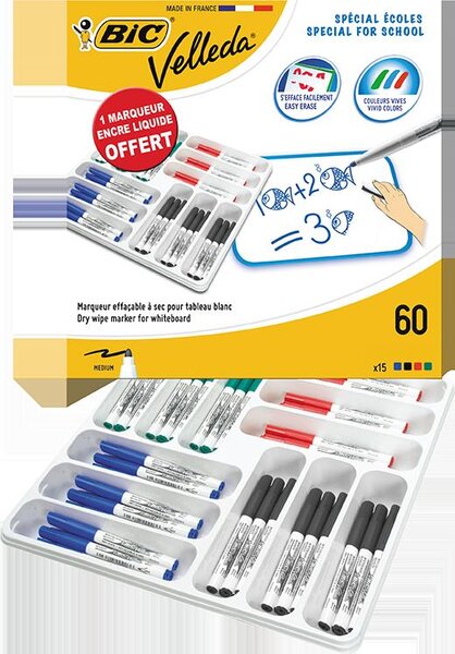 Class pack 60 Feutres tableau blanc effaçable 1741 Pte Medium Ogive Classiques VELLEDA