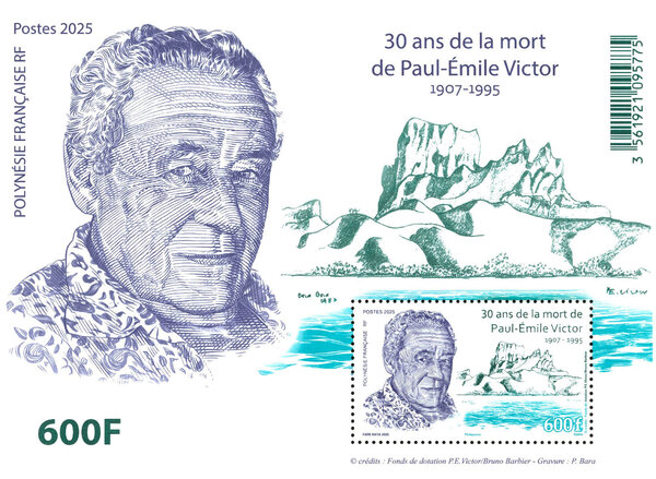 Bloc de 1 timbre Polynésie Française - 30 ans de la mort de Paul-Emile Victor (1907-1995)