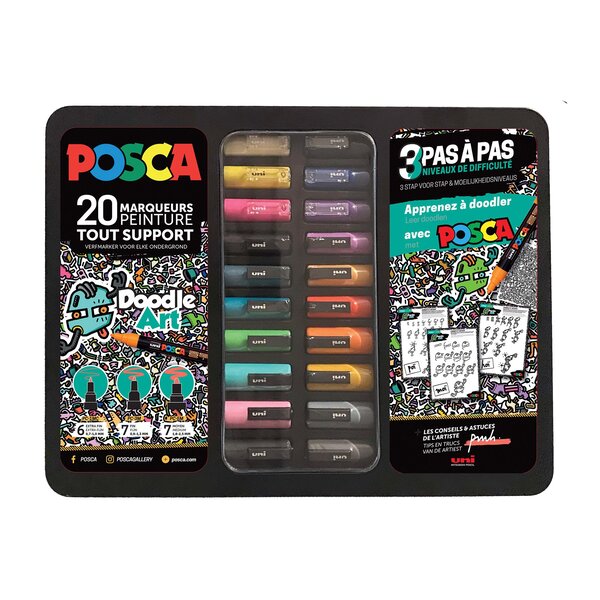 Marqueurs posca "doodle art" couleurs et pointes assorties - mallette de 20