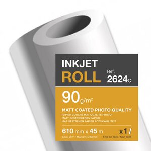 Rouleau de papier couché blanc mat 2624C pour traceur jet d'encre - Format 0,610 x 45m - 90g (rouleau 45 mètres)