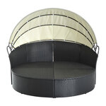 Lit canapé de jardin modulable grand confort pare-soleil pliable intégré 4 coussins 3 oreillers 171L x 180l x 155H cm métal résine tressée polyester noir beige