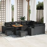 Ensemble de canapé de jardin de 12 pièces avec coussins noir poly rotin acacia