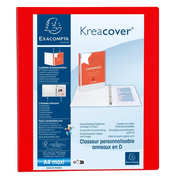 Classeur Pp Personnalisable Kreacover - 4 Anneaux En D 25mm - A4 Maxi - Rouge - X 10 - Exacompta
