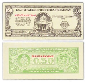 Billet de Collection 50 Centavos 1961 République Dominicaine - Neuf - P90s - SPECIMEN (muestra sin valor)