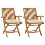 vidaXL Chaises de jardin lot de 2 et coussins blanc crème Teck massif