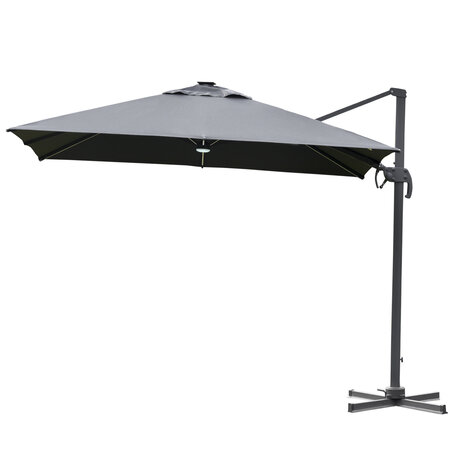 Parasol déporté carré parasol LED inclinable pivotant 360° manivelle piètement acier dim. 3L x 3l x 2 66H m gris