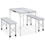 vidaXL Table de camping pliable avec 2 bancs Aluminium Blanc