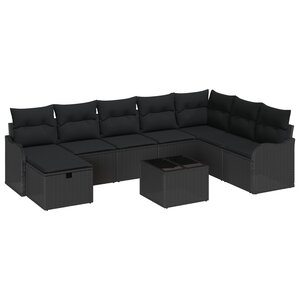 vidaXL Ensemble de canapé de jardin avec coussin 9 Pièces Noir Poly rotin