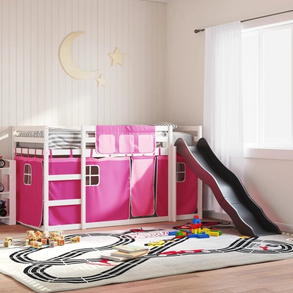 vidaXL Lit superposé avec toboggan et rideaux rose 90x200 cm