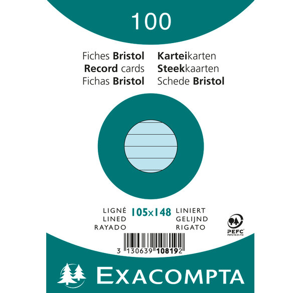Paquet de 100 Fiches Bristol A6 bleu ligné. s/s film EXACOMPTA