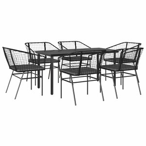 vidaXL Ensemble à manger de jardin coussins 7Pièces noir poly rotin verre