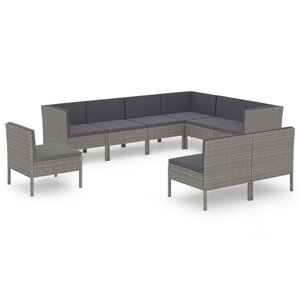 vidaXL Salon de jardin 9 Pièces avec coussins Résine tressée Gris