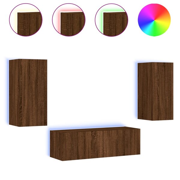 vidaXL Meuble TV muraux 3 Pièces avec lumières LED chêne marron