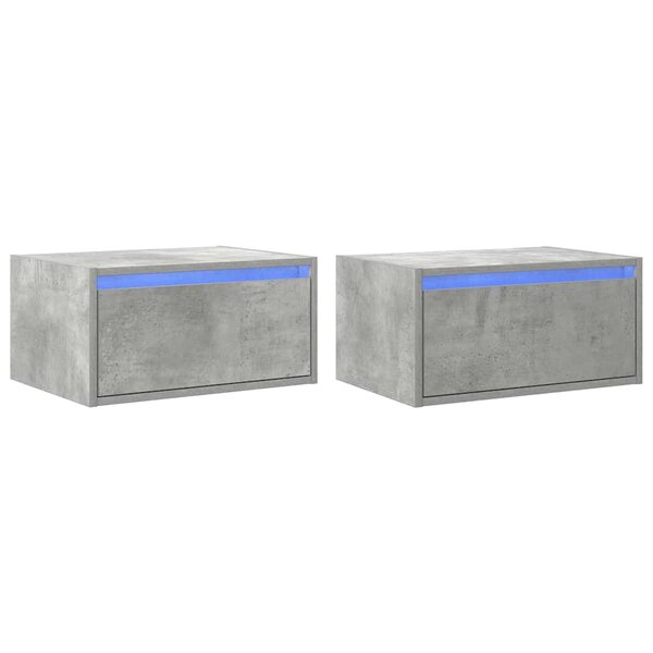 vidaXL Tables de chevet murales avec lumières LED 2 Pièces gris béton