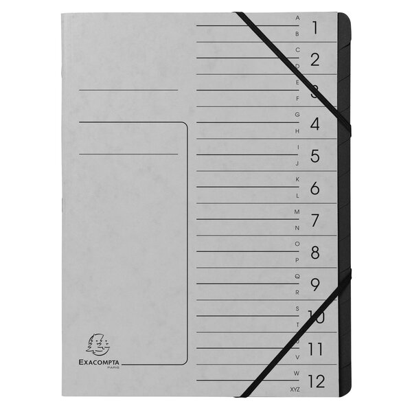 Trieur Agrafé Avec Élastiques Intérieur Noir 12 Compartiments - A4 - Gris - Exacompta